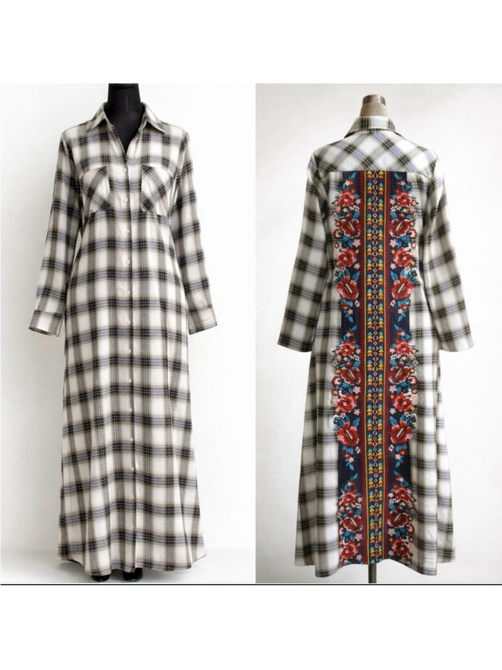 Andrée by Unit Embroidered Back Panel Plaid Maxi Shirt Dress Duster Size S Boho